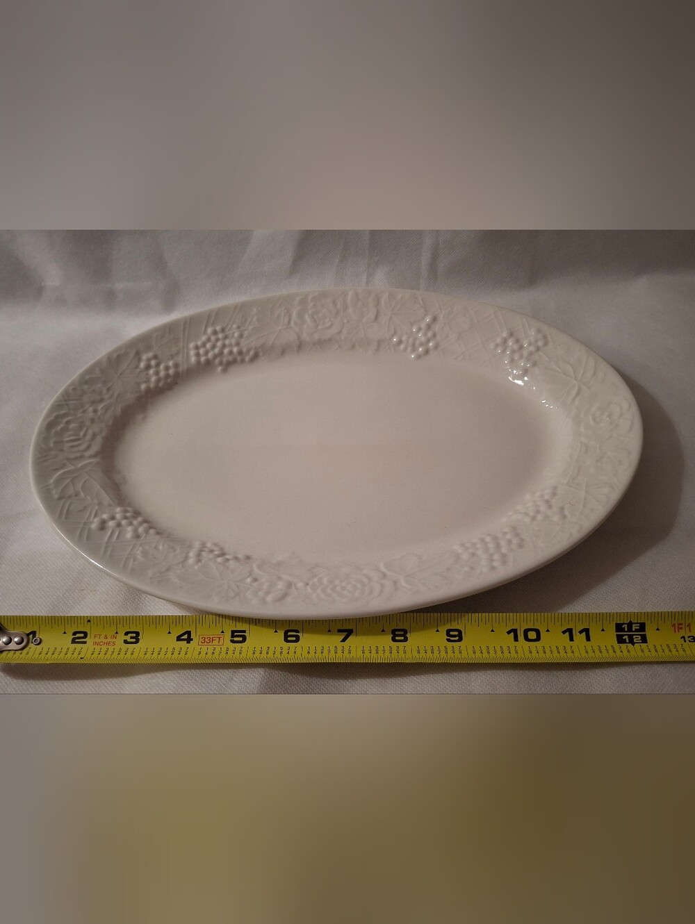 Gibson Design 4 Season White Embossed Ceramic Serving Platter- Grapes & Vines